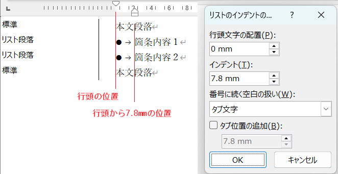 「リストのインデントの調整」ダイアログ