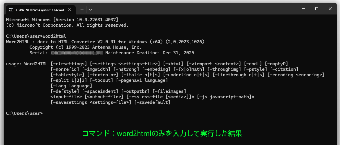 コマンドプロンプト 実行結果 画面