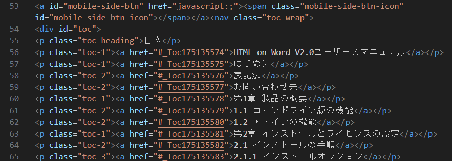 出力した目次箇所のソースコード：HTML