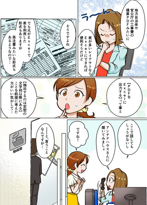 ２ページ目 う～ん、地方自治体や官公庁の工事費の積算PDFみたいに表が多いレイアウトならExcelに出来れば便利そうだけど。そうですよね。でも元がExcelで、表を利用した形式もありますが、発注書みたいな形式もあるようなので…。【PDFをExcelに出力する】って事と【抽出するのは定型の文字列以降にある】ことを前提に考えたほうがいい気がして…。ここで話してもしょうがないし、アンテナハウスさんに訊いてみましょ。ですね！―――と、いうことなんですが…。